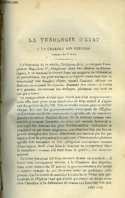 Etudes religieuses, philosophiques, historiques et littraires tome LXII n 2 - La thologie d'tat a la chambre des dputs par le P.R. de Scoraille, La philosophie critique et l'anarchie intellectuelle par le P.L. Roue, La perscution fiscale (fin)