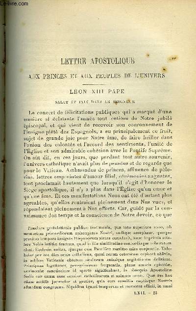 Etudes religieuses, philosophiques, historiques et littraires tome LXII n 3 - Lettre apostolique de S.S. Lon XIII, Retour aux champs par le P.J. Burnichon, L'glise et le sicle par le P.H. Martin, Opinions du jour sur la nature et la dure