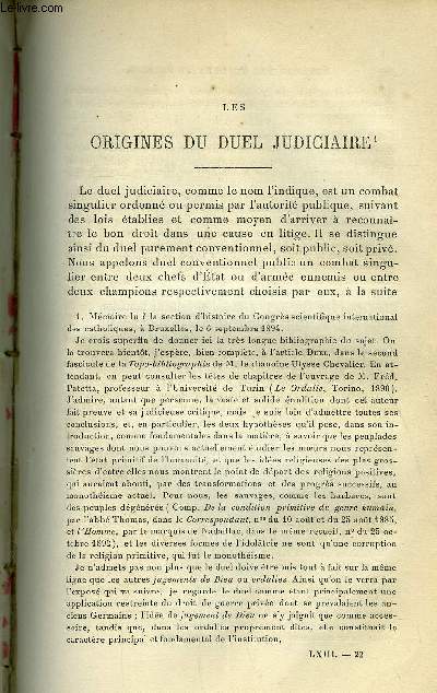 Etudes religieuses, philosophiques, historiques et littraires tome LXIII n 3 - Les origines du duel judiciaire par le P.C. de Smedt, Les contresens bibliques des prdicateurs par le P.J.V. Bainvel, M. Brunetire (2e article) par le P. Et. Cornut