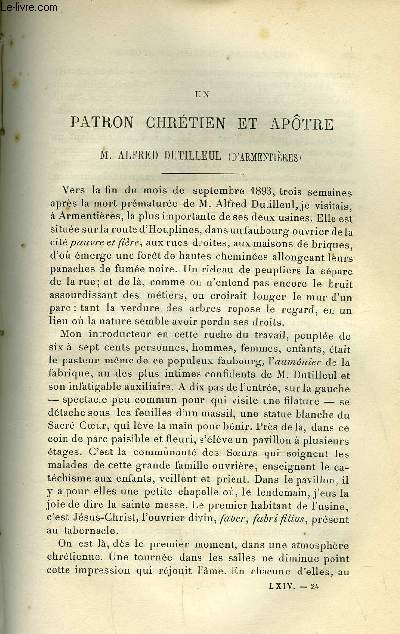 Etudes religieuses, philosophiques, historiques et littraires tome LXIV n 3 - Un patron chrtien et apotre, M. Alfred Dutilleul (d'Armentires) par le P.V. Delaporte, L'glise d'Angleterre a-t-elle rellement le sacerdoce par le P.F. Tournebize