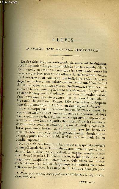 Etudes religieuses, philosophiques, historiques et littraires tome 67 n 3 - Clovis, d'aprs son nouvel historien par le P.H. Chrot, Paysages historiques, un jour de Paques, au tempe de Jrusalem par le P.A. Brou, Gresset, l'homme, le pote (fin)