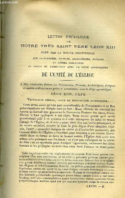 Etudes religieuses, philosophiques, historiques et littraires tome 68 n 3 - Lettre encyclique de N.S.P. le Pape Lon XIII sur l'Unit de l'Eglise, M. Zola, les hommes et les btes par le P. Hte Martin, Un mot sur la vocation par le P.J. Noury