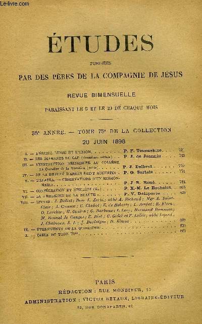 Etudes religieuses, philosophiques, historiques et littraires tome 75 n 6 - L'glise russe et l'union par P.F. Tournebize, Les diamants du cap (2e article) par P.J. de Joannis, L'instruction religieuse au collge par P.J. Delbrel, De la beaut d'aprs