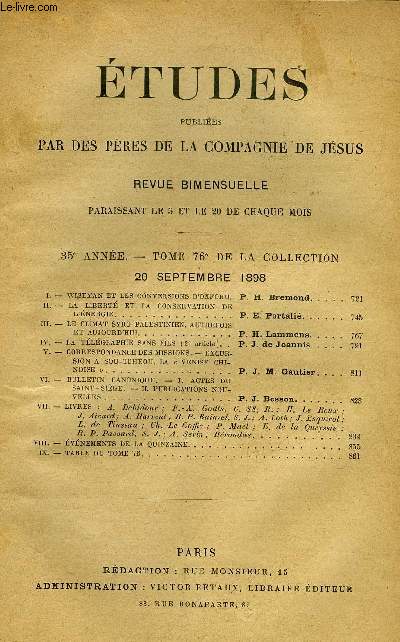 Etudes religieuses, philosophiques, historiques et littraires tome 76 n 6 - Wiseman et les conversions d'Oxford par P.H. Bremond, La libert et la conservation de l'nergie par P.E. Portali, Le climat syro-palestinien, autrefois et aujourd'hui par P.H.