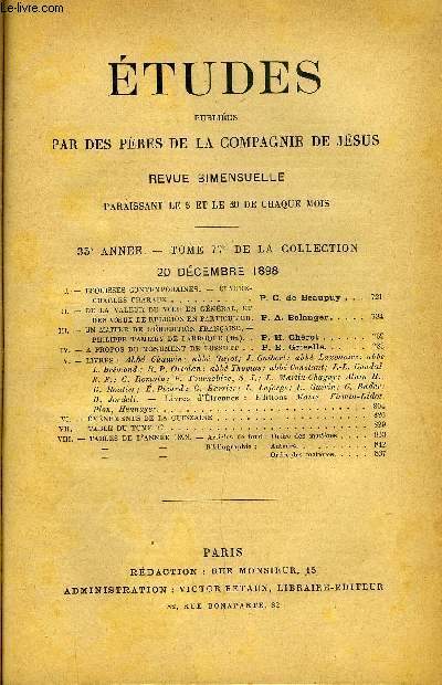 Etudes religieuses, philosophiques, historiques et littraires tome 77 n 6 - Esquisses contemporaines, Claude Charles Charaux par P.C. de Beaupuy, De la valeur du voeu en gnral, et des voeux de religion en particulier par P.A. Belanger, Un maitre