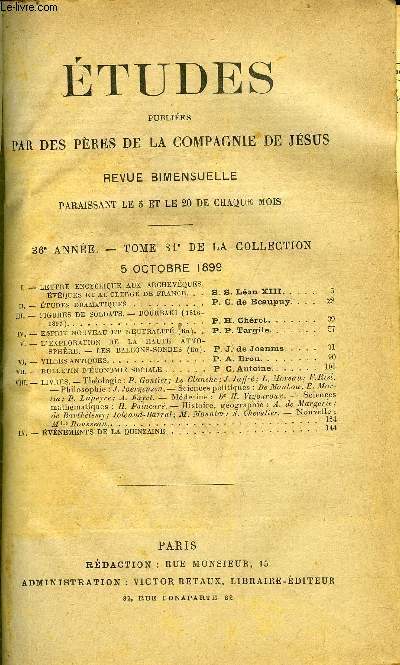 Etudes religieuses, philosophiques, historiques et littraires tome 81 n 1 - Lettre encyclique aux archevques, vques et au clerg de France par S.S. Lon XIII, Etudes dramatiques par P.C. de Beaupuy, Figures de soldats - Bourbaki (1816-1897) par P.H.