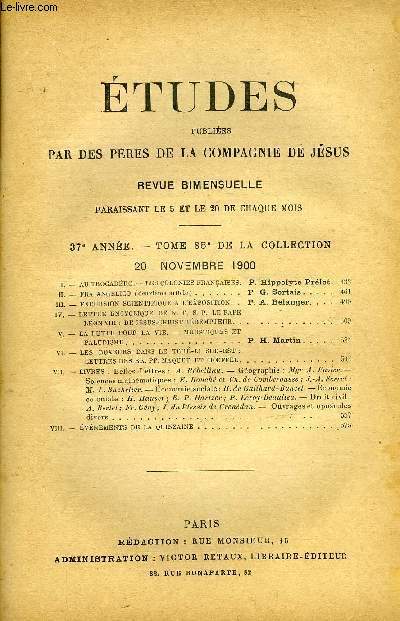 Etudes tome 85 n 4 - Au Trocadro, les colonies franaises par P. Hippolyte Prlot, Fra Angelico (deuxime article) par P.G. Sortais, Excursion scientifique a l'exposition par P.A. Belanger, Lettre encyclique de N.T.S. P. le pape Lon XIII : de Jsus