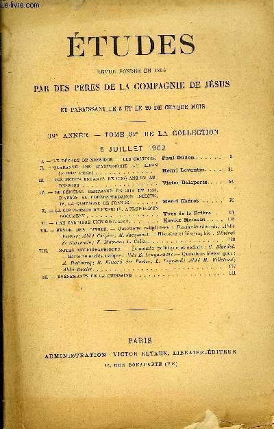 Etudes tome 92 n 1 - Le dcret de Messidor, les origines par Paul Dudon, Quarante ans d'autonomie au Liban par Henri Levantin, Les petits enfants de cinq ans et au dessous par Victor Delaporte, Le gnral Bertrand en 1813 et 1814, d'aprs