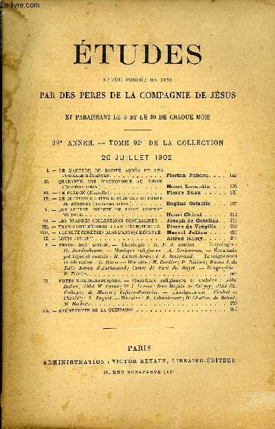 Etudes tome 92 n 2 - Le martyre de sainte Agns et les fouilles rcentes par Florian Jubaru, Quarante ans d'autonomie au Liban (2e article) par Henri Levantin, Le pardon par Pierre Suau, Le quitisme, lettres indites du frre de Bossuet (3e article)