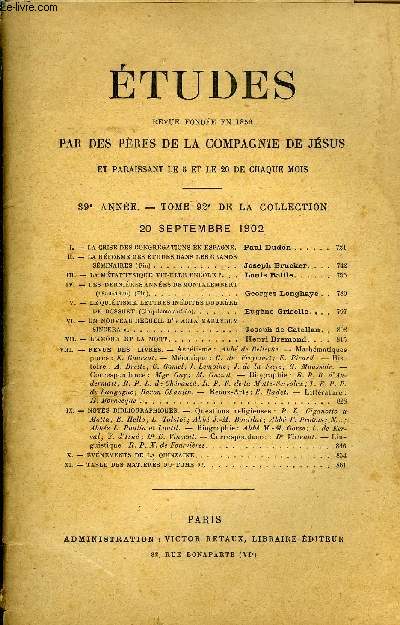 Etudes tome 92 n 6 - La crise des congrgations en Espagne par Paul Dudon, La rforme des tudes dans les grands sminaires (fin) par Joseph Brucker, La mtaphysique vit-elle encore ? par Louis Baille, Les dernires annes de Montalembert (1850-1870)