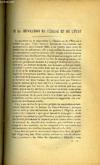 Etudes tome 101 n 3 - De la sparation de l'glise et de l'tat par Hippolyte Prlot, Un bloc de martyres sous la Rvolution, les seize carmlites de Compigne d'aprs les documents originaux par Henri Chrot, Le congrs de Lyon et l'cole libre