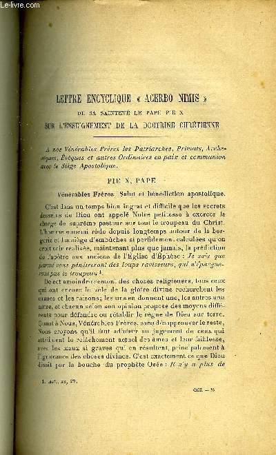 Etudes tome 103 n 10 - Lettre encyclique Acerbo Nimis de sa saintet le pape Pie X sur l'enseignement de la doctrine chrtienne, L'tat intellectuel du Japon par Thophile Gollier, Schopenhauer et la philosophie de la volont par Lucien Roure