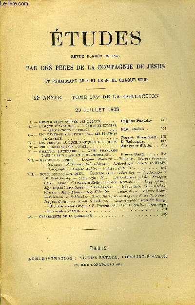 Etudes tome 104 n 8 - L'explication morale des Dogmes par Eugne Portali, L'inique sparation, prtres et glises, associations et police par Paul Dudon, Une vnrable institution, les stations de Carme par Joseph Burnichon, Les merveilles