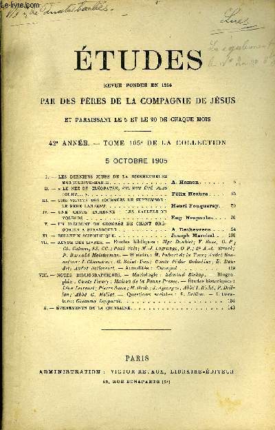 Etudes tome 105 n 19 - Les derniers jours de la bienheureuse Marguerite Marie par A. Hamon, Le nez de Clopatre, s'il eut t plus court par Flix Heaura, Une victime des journes de Septembre : le pre Lanfant par Henri Fouqueray, Une caste indienne