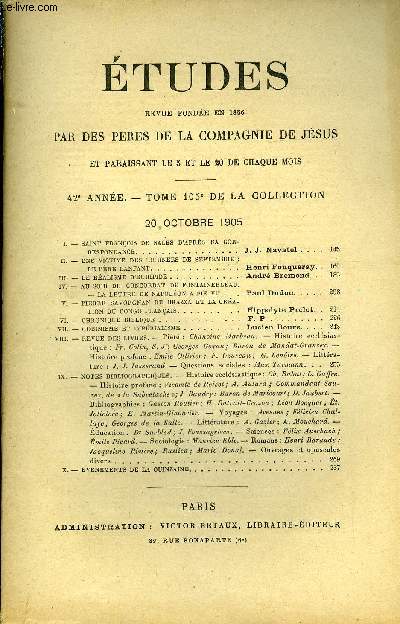 Etudes tome 105 n 20 - Saint Franois de Sales d'aprs sa correspondance par J.J. Navatel, Une victime des journes de septembre : le pre Lanfant par Henri Fouqueray, Le ralisme d'Euripide par Andr Bremond, Au soir du concordat de Fontainebleau