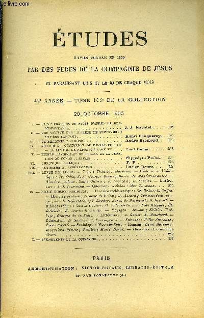 Etudes tome 105 n 20 - Saint Franois de Sales d'aprs sa correspondance par J.J. Navatel, Une victime des journes de septembre : le pre Lanfant par Henri Fouqueray, Le ralisme d'Euripide par Andr Bremond, Au soir du concordat de Fontainebleau