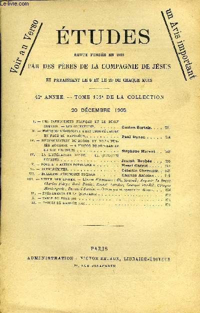 Etudes tome 105 n 24 - Les catholiques franais et le droit commun, les objections par Gaston Sortais, Pourquoi l'piscopat s'est trouv faible en face de Napolon par Paul Dudon, Rconciliation du dogme et de la pense moderne, a propos de Newman