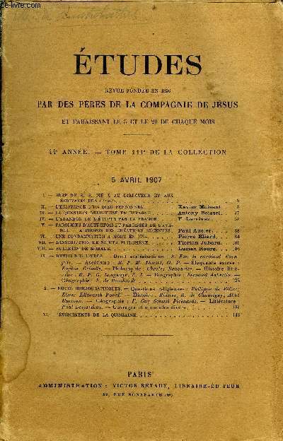 Etudes tome 111 n 7 - Bref de S.S. Pie X au directeur et aux crivains des tudes, L'existence d'un dieu personnel par Xavier Moisant, La question religieuse en Espagne par Antony Boissel, L'abandon de l'Egypte par la France par F. Larrivaz