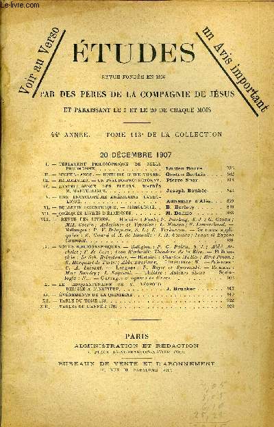Etudes tome 113 n 24 - Testament philosophique de Sully Prudhomme par Lucien Roure, Michel Ange, histoire d'une tombe par Gaston Sortais, Madagascar - un pseudo-protectorat par Pierre Suau, L'intelligence des fleurs, d'aprs M. Maeterlinck par Joseph