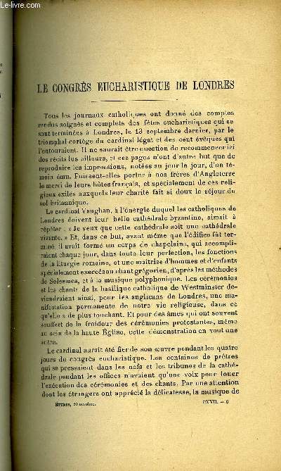 Etudes tome 117 n 20 - Le congrs eucharistique de Londres, Luther intime, Voyages de missionnaires de Lisbonne a Goa au seizime sicle, Un tat phmre, l'annexion de l'tat indpendant du Congo, British science, une visite a l'exposition franco