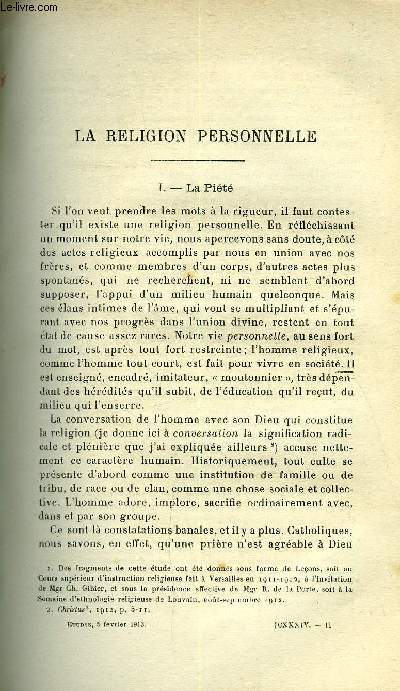 Etudes tome 134 n 3 - La religion personnelle par Lonce de Grandmaison, L'arrivisme littraire par Paul Bernard
