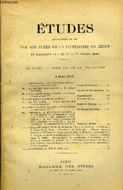 Etudes tome 135 n 9 - Cottolengo, une ville de la charit, la Piccola Casa par Joseph Guillermin, La religion personnelle, l'lan mystique par Lonce de Grandmaison, A la remorque de la France, l'Allemagne avant Ina par Paul Bernard, Le canon primitif