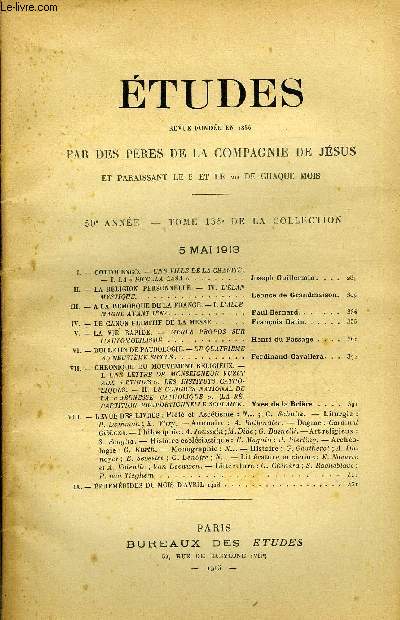 Etudes tome 135 n 9 - Cottolengo, une ville de la charit, la Piccola Casa par Joseph Guillermin, La religion personnelle, l'lan mystique par Lonce de Grandmaison, A la remorque de la France, l'Allemagne avant Ina par Paul Bernard, Le canon primitif