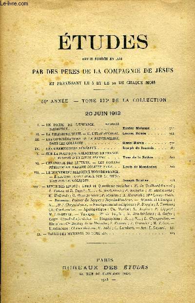 Etudes tome 135 n 12 - Un pote de l'enfance, Francis Thompson par Xavier Moisant, La religion spirite, l'tat prsent par Lucien Roure, Les congrgations de la Sainte Vierge dans les collges par Henri Baron, Les champignons vnneux par Joseph