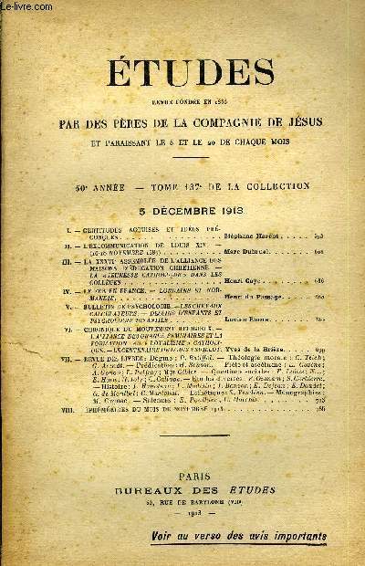 Etudes tome 137 n 23 - Certitudes acquises et ides prconues par Stphane Harent, L'excommunication de Louis XIV par Marc Dubruel, La XXXVIe assemble de l'alliance des maisons d'ducation chrtienne, la jeunesse catholique dans les collges par Henri