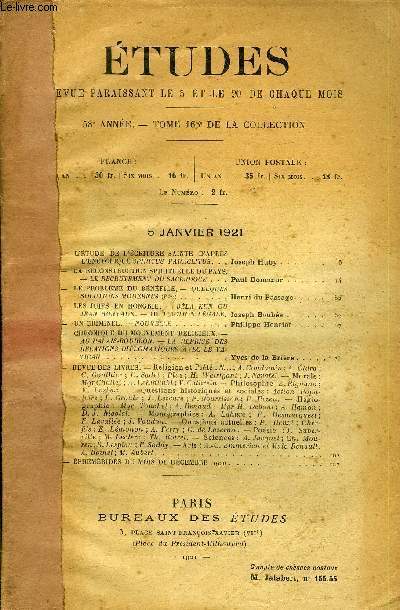 Etudes tome 166 n 1 - L'tude de l'criture sainte d'aprs l'encyclique paraclitus par Joseph Huby, La reconstitution spirituelle du pays, le recrutement du sacerdoce par Paul Doncoeur, Le problme du bnfice, quelques solutions modernes (fin) par Henri