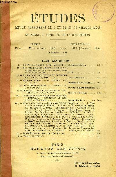 Etudes tome 166 n 5 - Le catholicisme de saint Augustin par Adhmar d'Als, Les preuves des moines d'occident et de leur auteur, lettres indites de Montalembert par F.P., La Pologne a la veille du plbiscite de la Haute Silsie par Jules Lebreton