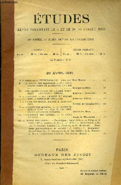 Etudes tome 167 n 8 - Sur le cercueil de Napolon par Paul Dudon, Au service des marsouins, le P. Louis Lenoir, tomb en Macdoine le 9 mai 1917 par Georges Guitton, Une grande figure de l'glise d'Amrique, le cardinal Gibbons par Edward F. Garesch