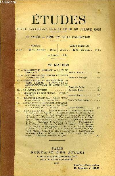 Etudes tome 167 n 10 - La saintet et l'enfance, nellie du dieu saint par Victor Poucel, Juste prix, salaire familiale et caisses de compensation par Henri du Passage, L'anglicanisme et les problmes du temps prsent, a propos de la sixime confrence