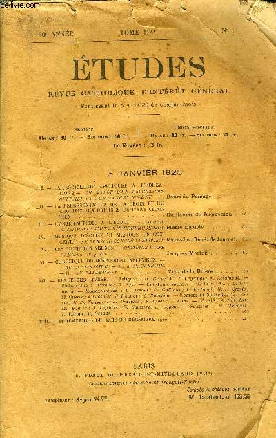 Etudes tome 174 n 1 - La sociologie applique a l'ducation, en marge d'un programme officiel et d'un manuel rcent par Henri du Passage, La reprsentation de la croix et du crucifix aux origines de l'art chrtien par Guillaume de Jerphanion