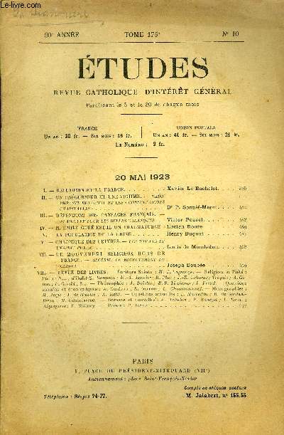 Etudes tome 175 n 10 - Bellarmin et la France par Xavier Le Bachelet, Un prcurseur et une viticme, Thophraste Renaudot et les consultations charitables par le Dr P. Sonni Moret, Dfendons nos paysages franais, plaidoyer pour les belles calanques
