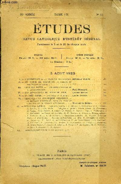 Etudes tome 176 n 15 - L'assomption, la question dogmatique par Adhmar d'Als, Au coeur de l'Afrique, visions de route d'un colonial, Chez les btes, a travers l'oeuvre de M. Louis Pergaud par Paul Bernard, Les adventistes du septime jour par Lucien