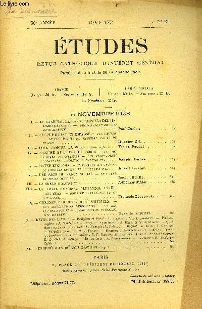 Etudes tome 177 n 21 - Le cardinal Mariano Rampolla del tindaro (1843-1913), a propos d'une biographie rcente par Paul Dudon, Le coup d'tat en Espagne, les causes, le programme du gnral primo de rivera par Hilarion Gill, Loti, l'amour, la mort