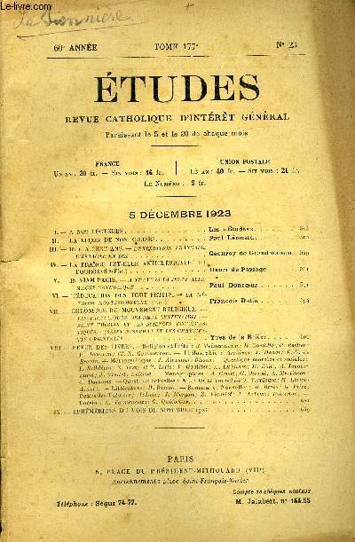 Etudes tome 177 n 23 - A nos lecteurs, La leon de nos glises par Paul Lonard, Il y a cent ans, l'expdition franaise d'Espagne en 1823 par Geoffroy de Grandmaison, La France est-elle anticlricale ? et pourquoi ? par Henri Du Passage