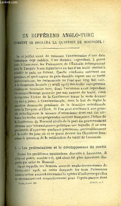 Etudes tome 180 n 15 - Un diffrent anglo-turc, comment se rglera la question de Moussoul ? par Louis Jalabert, La crise de la foi chez les jeunes par Lonce de Grandmaison, Aprs les Jeux Olympiques par Jean Rimaud, Un tiers ordre protestant par Paul