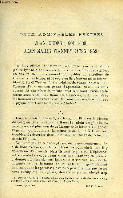 Etudes tome 183 n 11 - Deux admirables prtres, Jean Eudes (1601-1680), Jean Marie Vianney (1786-1859) par Paul Dudon, Deux humanismes par Alexis Dcout, La lgende Dore en Chine pour le 25e anniversaire de la boxe, sige et martyre d'une petite