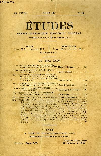 Etudes tome 187 n 10 - Dans le tourbillon des milliards, l'inflation en Allemagne et en France par Henri du Passage, L'insurrection du Djebel druse, avec une carte par Louis Jalabert, Un essai de programme rgionaliste par Charles Flory