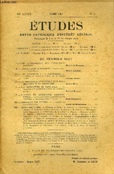 Etudes tome 190 n 4 - Les dissentiments des catholiques franais par Henri du Passage, L'glise dans la banlieue, conclusions par Pierre Lhande, Une extatique a la salptrire, d'aprs un nouveau livre du Dr Pierre Janet par Lucien Roure