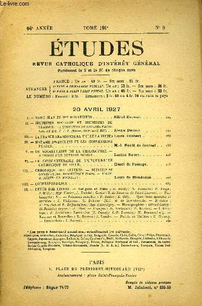 Etudes tome 191 n 8 - Saint Jean et ses devanciers par Alfred Durand, Jeunesses sociales et jeunesses de classes par Alexis Dcout, La France abandonnera-t-elle la Syrie ? par Louis Jalabert, Madame Swetchine et les conversions russes par M.J. Rouet