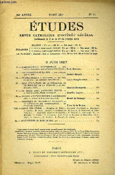 Etudes tome 191 n 11 - L'anglicanisme contemporain, des evangelicals aux anglo-catholiques par R.C. Gorman, Les vagabonds de la mer, l'apostolat des marins par Robert Ricard, Chateaubriand a Grenade ? Un problme sur le dernier abencrage par Louis