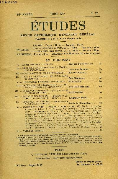 Etudes tome 191 n 12 - La vie mentale et ses lois par Georges Dwelshauvers, La vieille angleterre dans la gographie universelle par Louis des Brandes, Sous le signe du dsinteressement par Maurice Rigaux, Dans le rayonnement de Notre Dame de Chartres