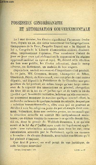 Etudes tome 192 n 17 - Possession congrganiste et autorisation gouvernementale par H. Toussaint, Le fminisme a la semaine sociale de Nancy par Georges Guitton, Primaut du spirituel par Henri du Passage, La pche maritime en France, quelques aspects