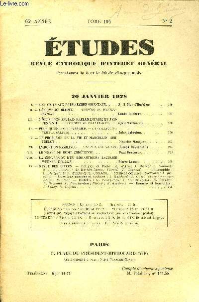 Etudes tome 194 n 2 - Une visite aux patriarches orientaux par S.G. Mgr d'Herbigny, L'nigme de Glozel, mystre ou mystification ? par Louis Jalabert, L'glise des anglais parlementaire et protestante, l'incident du prayer book par Cyril Martindale