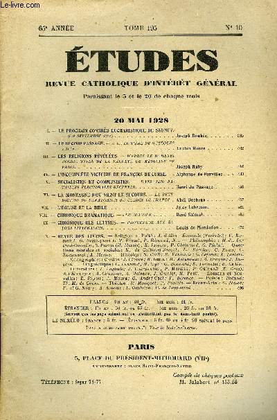 Etudes tome 195 n 10 - Le prochain congrs eucharistique de Sydney par Joseph Boube, Le dcisif passage, a la lumire de quelques faits par Lucien Roure, Les religions rvles, d'aprs le Dr Henri Roger, doyen de la facult de mdecine de Paris