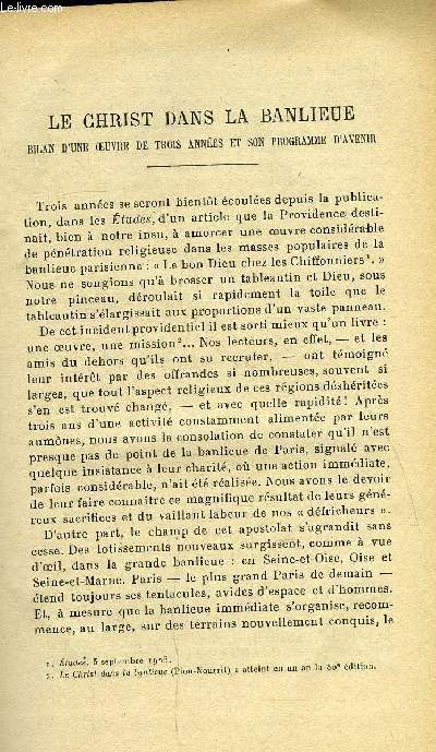 Etudes tome 196 n 13 - Le Christ dans la banlieue, bilan d'une oeuvre de trois annes et son programme d'avenir par Pierre Lhande, Saint Philippe Nri, la socit romaine et l'oratoire (1515-1595) par Paul Doncoeur, La ligue des droits de l'homme