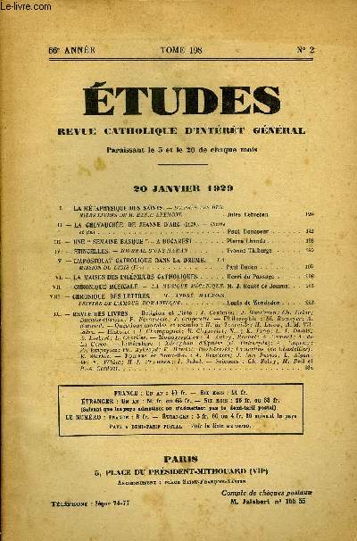 Etudes tome 198 n 2 - La mtaphysique des saints par Jules Lebreton, La chevauche de Jeanne d'Arc par Paul Doncoeur, Une semaine basque a Bucarest par Pierre Lhande, Etincelles, journal d'une maman par Yvonne Thiberge